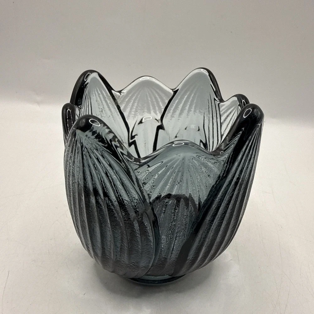 Vintage Fenton Glass Blue Lotus Tulip Leaf Votive Candle Holder